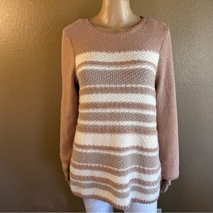 Chicos Womens Tunic Sweater Size 2 Large Rose Cream Metallic Stripe Knit